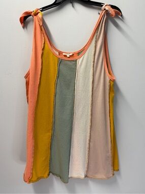 Easel Striped Tie-Shoulder Tank in Peach, Mustard & Sage Size L